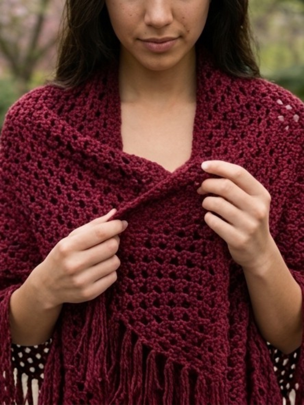 Crochet Chunky Knit Fringe Shawl Wrap Scarf - Wine Burgundy